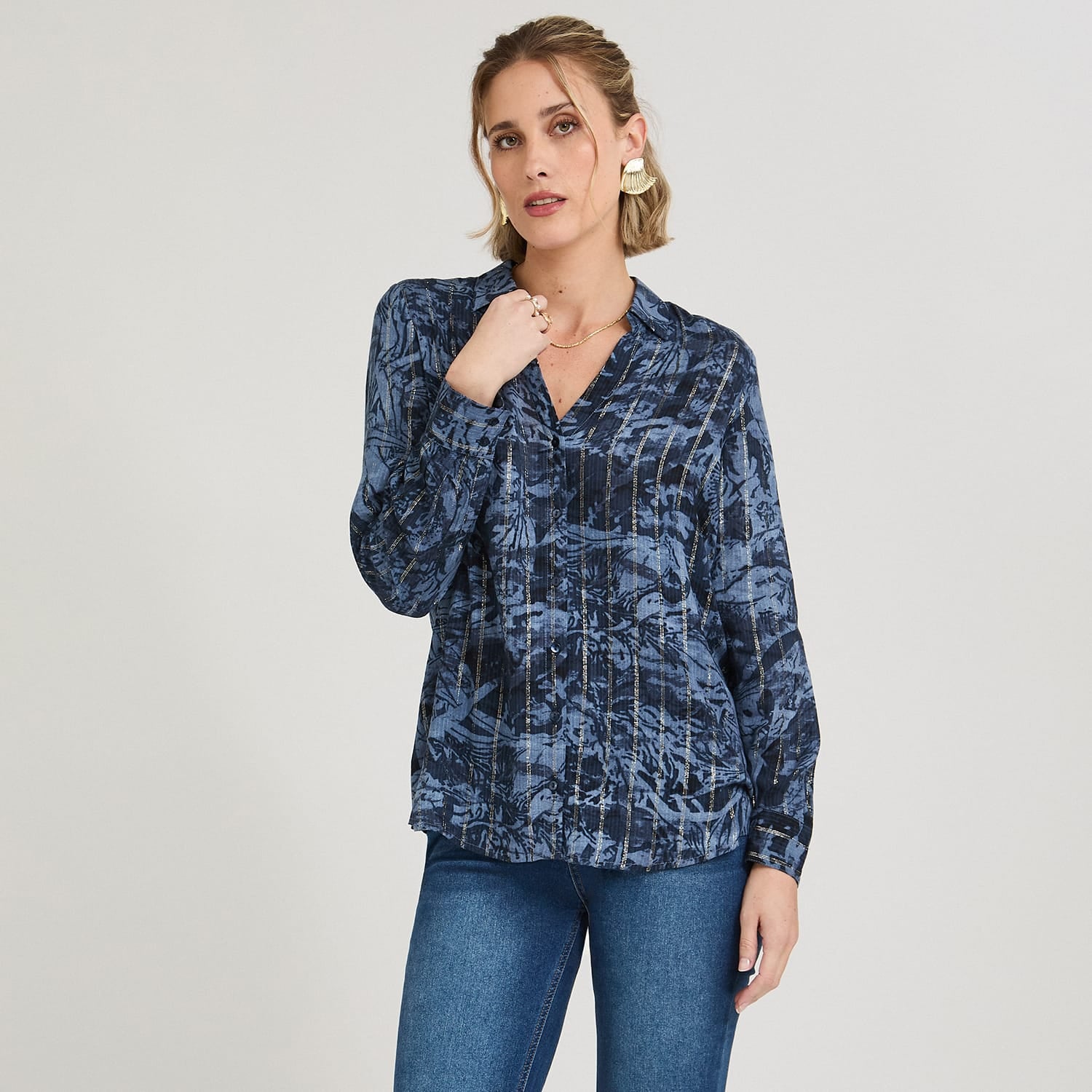 Blusa Manga Larga Print con Lurex Azul